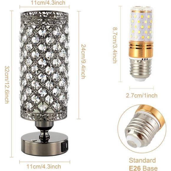 Crystal Bedside Black Table Lamp 3 Color Options Lamps for Bedroom Modern USB - Picture 6 of 7